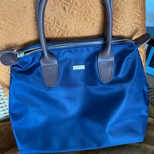 Harrods Nylon Top-Handle Tote in Deep Blue with Brown Trim
